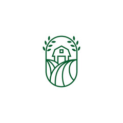 farm template design logo.wooden farm house and farm icon in line art design style with oval frame