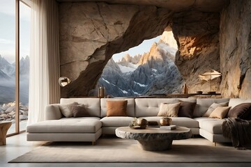 Light grey living room sofa with pillows in front of a natural stone wall - obrazy, fototapety, plakaty