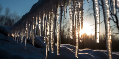 Glimmering icicles beginning to melt under sunshine - obrazy, fototapety, plakaty
