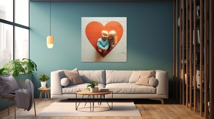 Interior of modern living room with blue wall, sofa and coffee table - 3d rendering