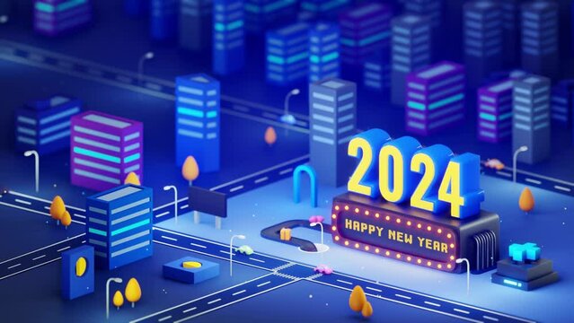 Happy new year 2024 in the city with looping animation