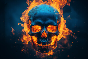 Spooky and scary burning skull on a dark blue background. Perfect for Halloween or horror-themed projects