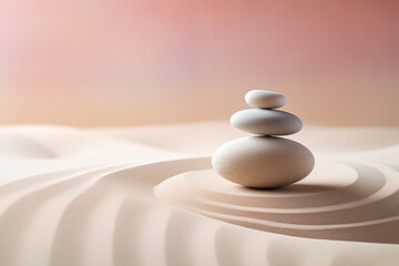 Zen stones stack on raked sand waves in a minimalist setting for balance and harmony. Balance, harmony, and peace of mind, wellness, meditation, and spirituality concept
