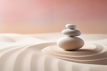 Fototapeta na wymiar Zen stones stack on raked sand waves in a minimalist setting for balance and harmony. Balance, harmony, and peace of mind, wellness, meditation, and spirituality concept