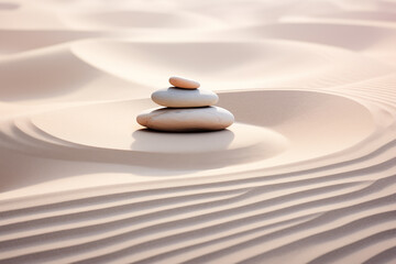 Fototapeta na wymiar Zen stones stack on raked sand waves in a minimalist setting for balance and harmony. Balance, harmony, and peace of mind, wellness, meditation, and spirituality concept