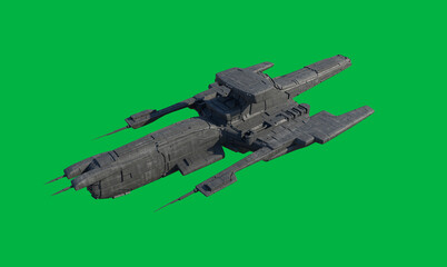 Spaceship Command Vessel on Green Screen Background - Side View, 3d digitally rendered science fiction illustration