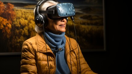 elderly woman, older woman, using augmented reality glasses, to live with modern society, carry out daily activities