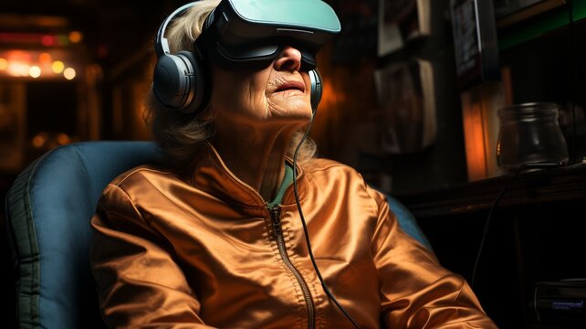 older man using augmented reality glasses, living with his family and doing chores - Powered by Adobe