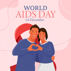 Vector for social media poster world aids day background with couple gesturing love sign in their hands