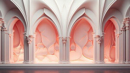 A 3D wall installation inspired by architectural elements, featuring abstract pillars and arches in...