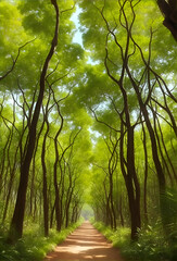 Obraz premium A vibrant, sun-drenched bosque with a canopy of lush foliage.