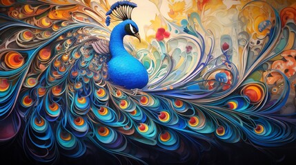 A beautifully detailed 3D mural capturing a stunning blue peacock amidst a whirlwind of swirling colors and abstract shapes in a surreal realm.