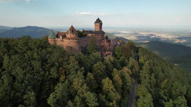 The Haut-Koenigsbourg Castle seen from the air, Orschwiller, Alsace, France | Aerial view of the Castle Chateau du Haut-Koenigsbourg in Orschwiller, Alsace, France, Europe