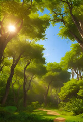 A vibrant, sun-drenched bosque with a canopy of lush foliage.