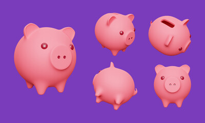Set of piggy banks with gold coins. Symbol of saving money. Storing money. 3d render