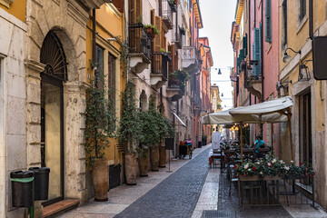 Buildings with potted plants in Verona, Italy. Charming, old weathered facade with shutters