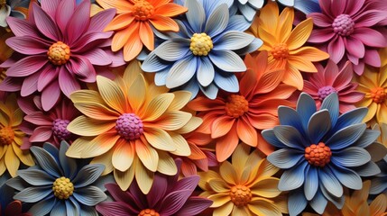 A close-up of a 3D wall adorned with a tapestry of vibrant gazania flowers, their petals radiating with color.