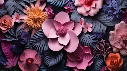 A close-up of a 3D wall covered in an assortment of exotic tropical flowers, creating a mesmerizing visual display.