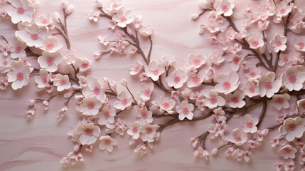 A close-up of a 3D wall covered in cherry blossom flowers, with delicate petals seeming almost lifelike in their detail.