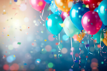 Birthday party-themed background with ample space for copy. Colorful balloons, streamers, and confetti create a festive atmosphere.