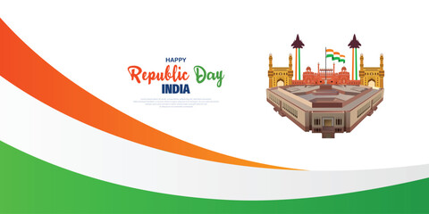 Happy republic day white background with red fort sketch or flage element design vector file