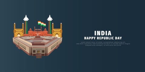 Happy republic day white background with red fort sketch or flage banner design vector file - obrazy, fototapety, plakaty