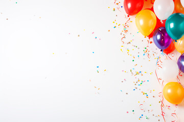 Birthday party-themed background with white wall space for copy, featuring an arrangement of colorful balloons, streamers, and confetti