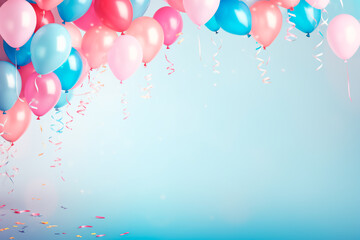 Banner with a celebration theme: Sweet pink and blue balloons, confetti, and streamers on a light background, providing space for copy.

