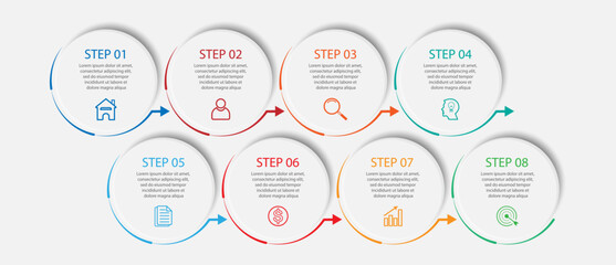 simple infographic vector design 8 steps or parts, circles with thin and thick lines, icons, text, numbers, for flow diagrams, presentations and your business