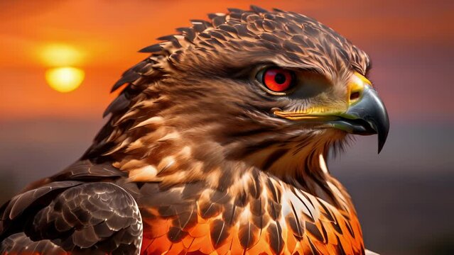 A fierce looking hawk with its brilliant orange eyes focused intently on its prey, against a backdrop of a fiery sunset. .