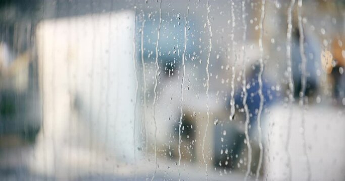Rain, window and business woman in office with computer for research, typing or email communication. Glass, corporate and lady entrepreneur online at marketing agency for review or analysis in winter