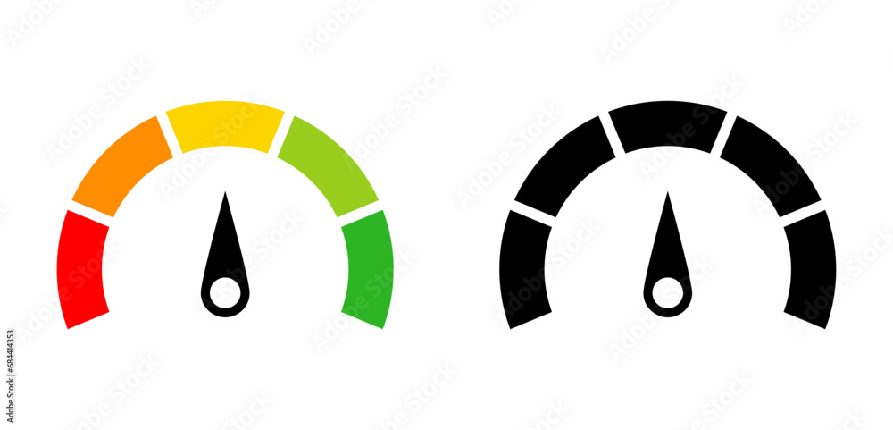 Aufkleber Speedometer icon, tachometer icon. Speed indicator icon set. Rating meter signs performance concept. Dashboard level icon. Satisfaction meter scale and arrow direction. vector illustration