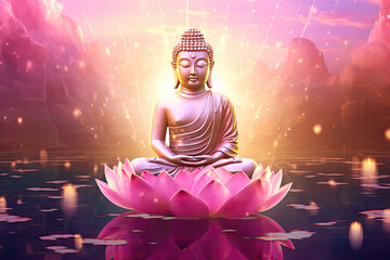 glowing Lotus flowers and gold buddha statue, nature background