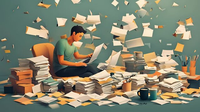 Minimal flat motion of a person surrounded by piles of work and tasks, trying to catch up after a day of detoxing from productivity. The detox obsession 2D cartoon animation. .