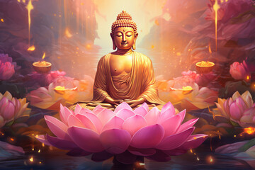 Naklejka premium glowing Lotus flowers and gold buddha statue, nature background