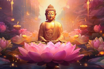 Poster glowing Lotus flowers and gold buddha statue, nature background © Kien