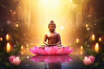 Deurstickers glowing Lotus flowers and gold buddha statue, nature background © Kien