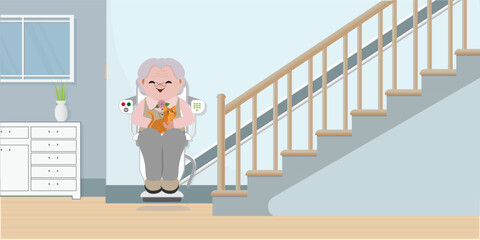 Elderly woman using chair lift for stairs.