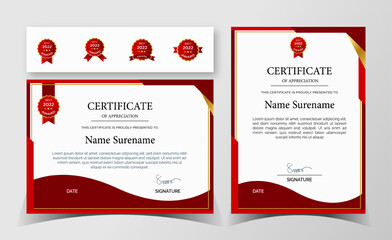 Certificate of appreciation template, red and gold color. Clean modern certificate with gold badge.