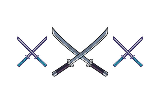 crossed cartoon samurai katana vector icon set isolated on white background