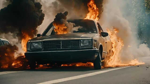 Closeup panicked driver engulfed flames, frantically pounding window desperate attempt escape. harrowing intensity situation evident persons fearstricken expression billowing smoke