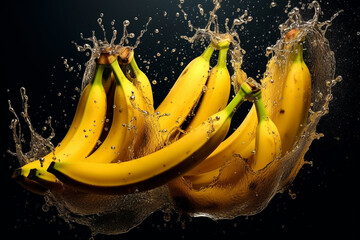 Ripe yellow bananas in a splash of water. Generative AI.