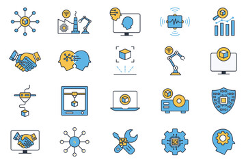 industry icon set. industry 5.0, 3d printing, artificial intelligence, augmented reality, advanced sensor, intelligent robot ,etc. flat line icon style design. simple vector design editable