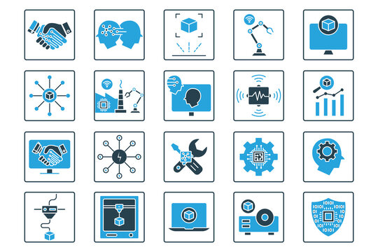 industry icon set. industry 5.0, 3d printing, artificial intelligence, augmented reality, advanced sensor, intelligent robot ,etc. solid icon style design. simple vector design editable