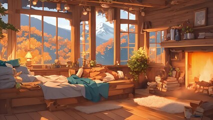 secluded reading nook tucked away cozy cabin woods, with crackling fire producing dancing shadows walls steaming hand snowflakes gently fall outside. stream overlay animation