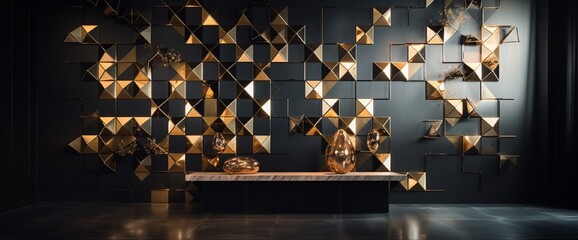 A fusion of metallic grids and floating shapes creates a futuristic 3D wall decor, exuding a sense of innovation and technological advancement in design. - obrazy, fototapety, plakaty