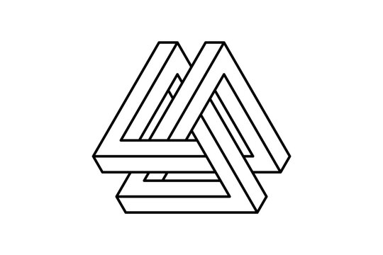 Impossible triangle shape. Optical visual illusion. Triangular Infinite loop symbol. Abstract unreal geometric form. Linear puzzle design element for logo, icon, label, tag, decor. Vector illustration
