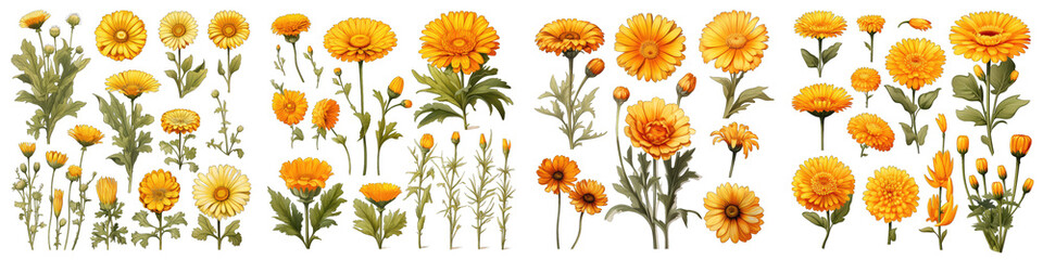 Calendula  Flower Set Concept Props For Icon Designing Hyperrealistic Highly Detailed Isolated On Transparent Background Png File - obrazy, fototapety, plakaty