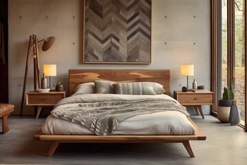 Bedroom with a low-profile bed, teak wood furniture, and geometric patterned bedding