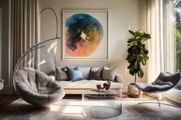 Cozy corner with a hanging bubble chair, a boomerang-shaped coffee table, and abstract artwork